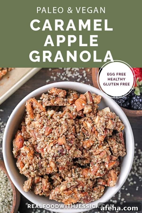 Paleo Caramel Apple Granola Recipe for Fall Mornings 8 This Paleo Caramel Apple Granola is easy to make and is such a great snack. The sweet cinnamon, chewy apples, and crunchy seeds combine to make a tasty treat. It's gluten free, dairy free, naturally sweetened and vegan.