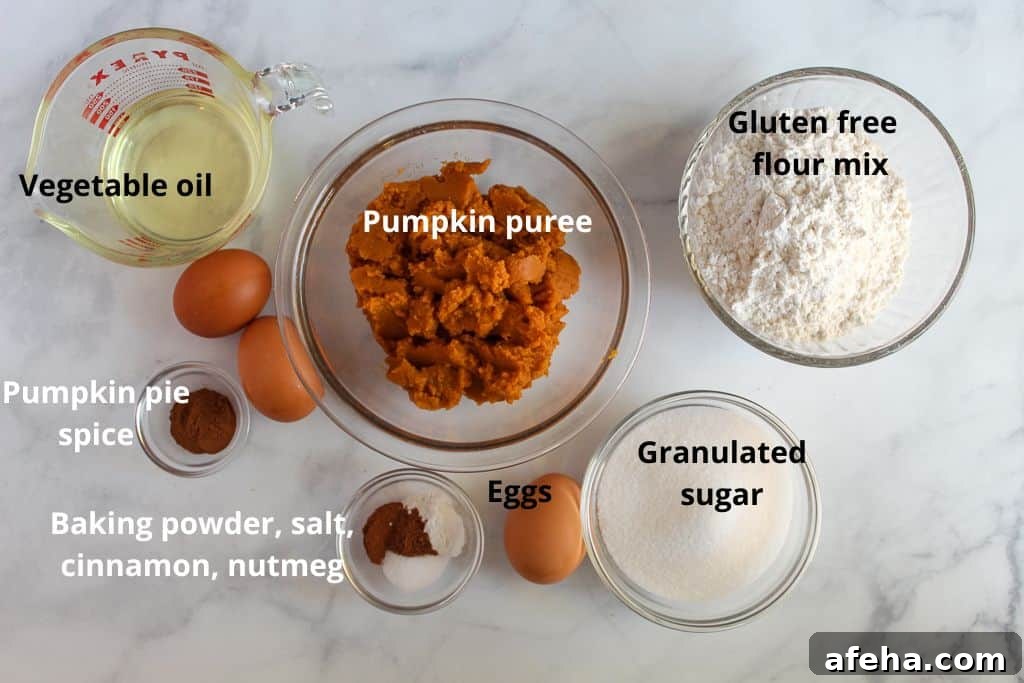 Spiced Gluten-Free Pumpkin Donuts: Soft Autumn Recipe 4 labeled ingredients on a countertop
