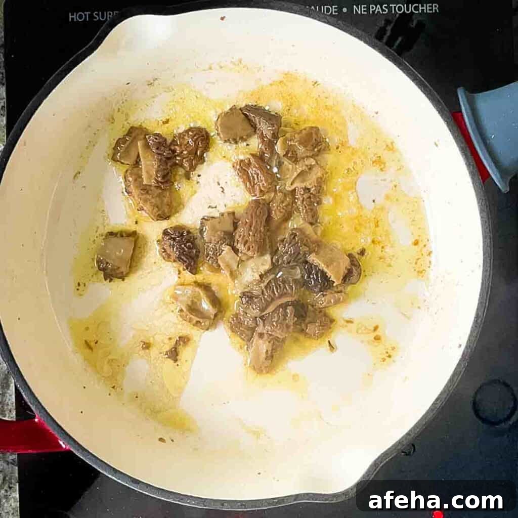 Sautéing sliced morel mushrooms in olive oil in a skillet over medium heat until they are tender.