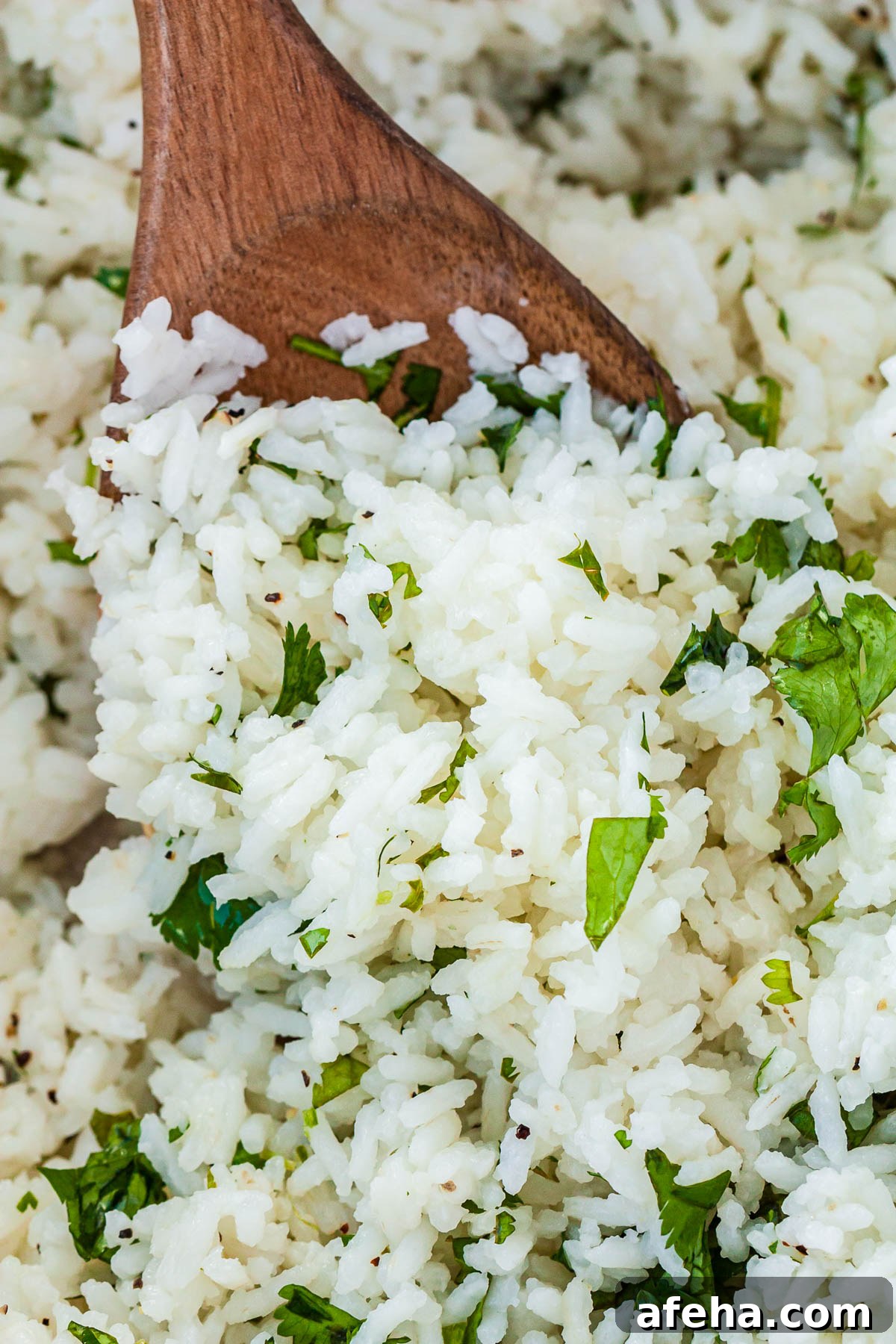 A close up picture of a wooden spoon scooping up rice.