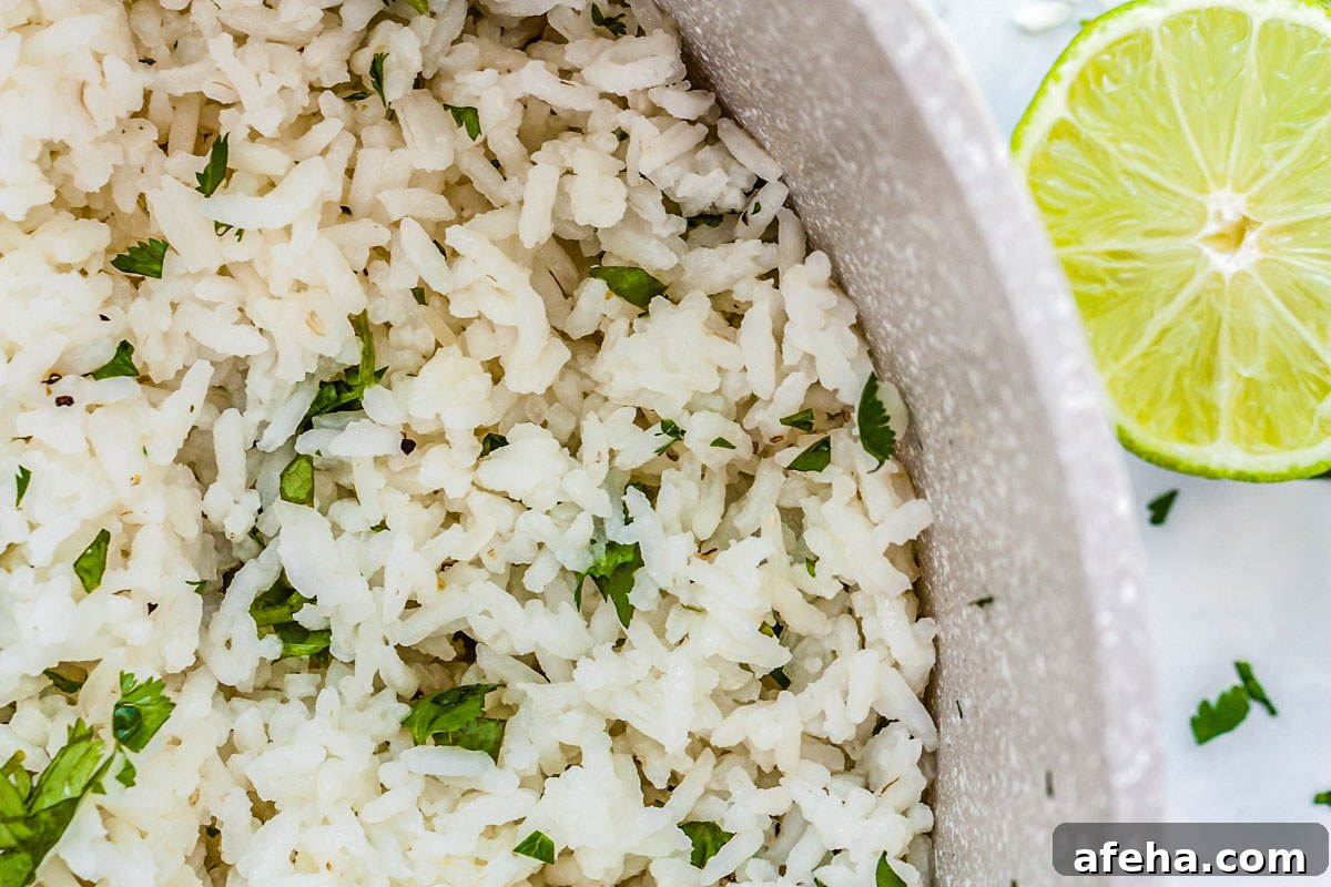 A close up picture of lime cilantro rice in a pot.