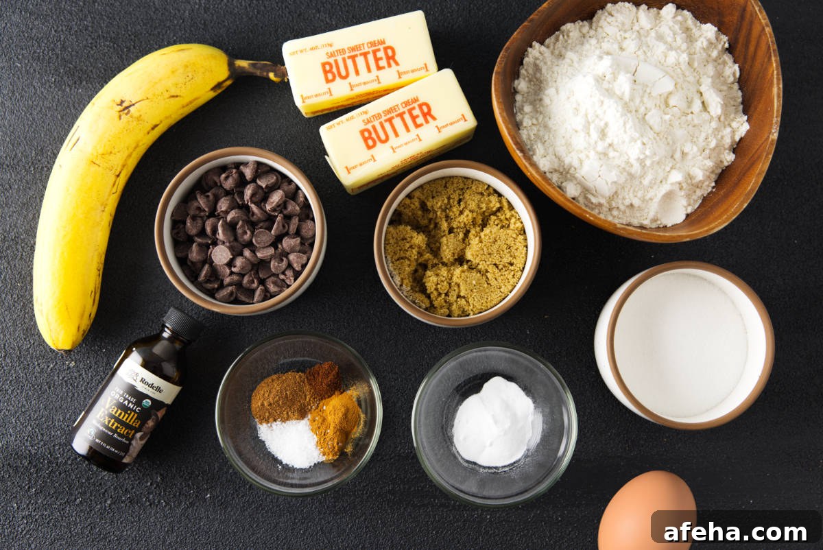 Ingredients for chocolate chip banana bread cookies.