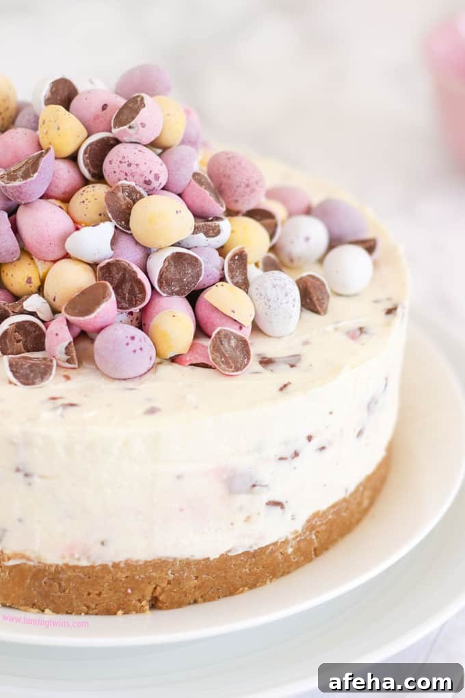 Cheesecake topped with pastel coloured candy eggs on a white plate.