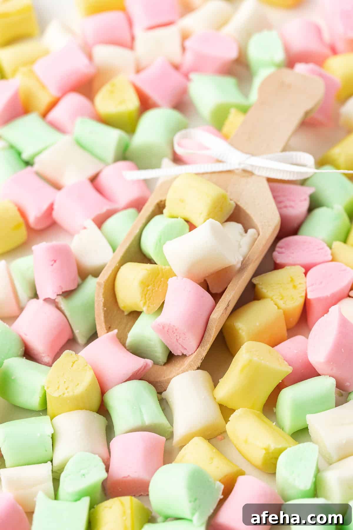 a pile of pink, white, green and yellow butter mints with one small wood scoop with a white bow on it full of mints in the middle