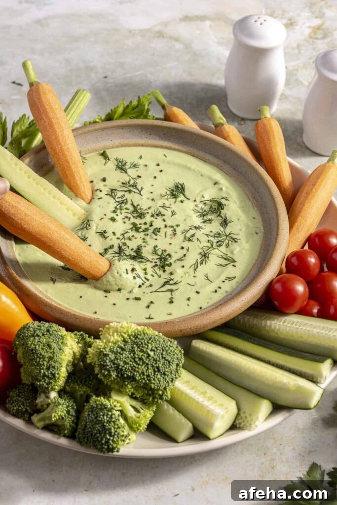 high-protein cottage cheese ranch dip served in a bowl with veggies