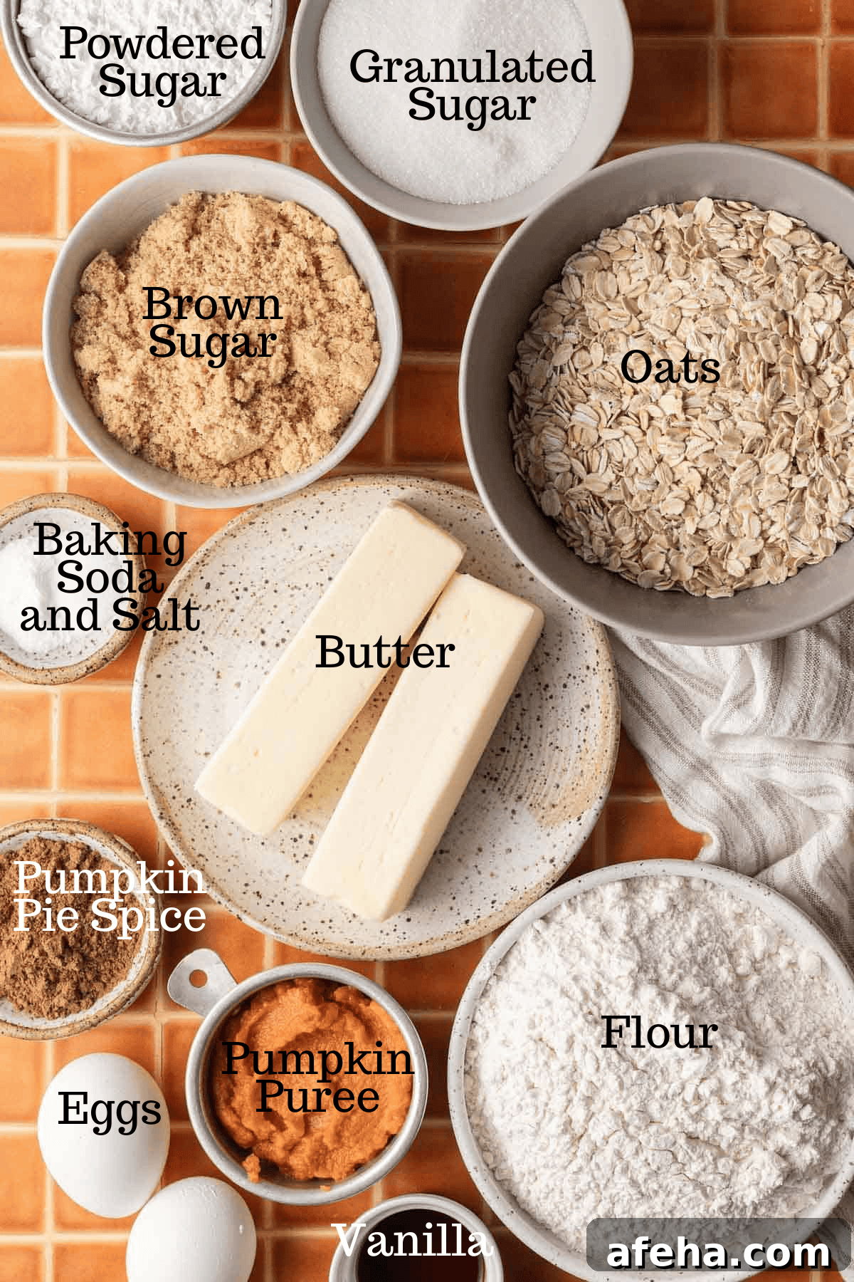 Photo of ingredients for Iced Pumpkin Oatmeal Cookies with labels.