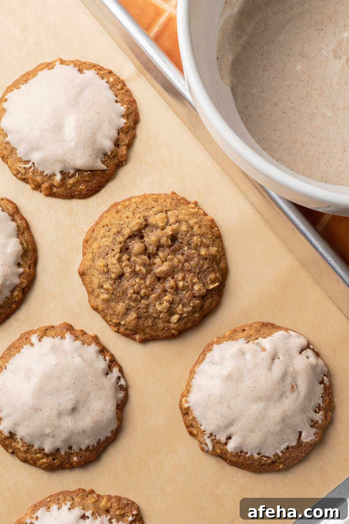 Iced Pumpkin Oatmeal Cookies on tray.