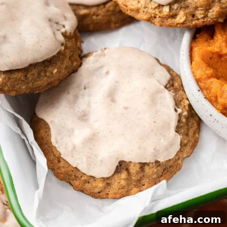 Iced Pumpkin Oatmeal Cookies on tray.