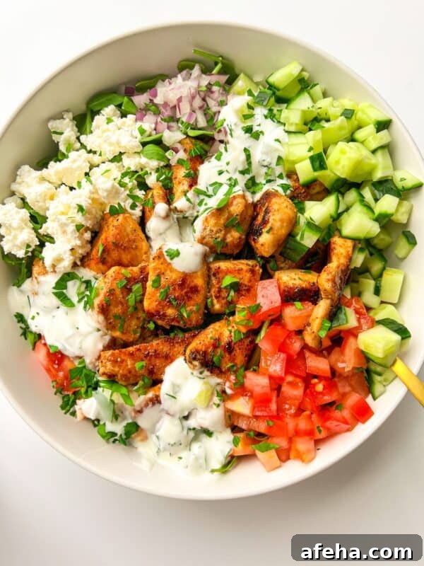 A bowl of grilled chicken chunks, diced tomatoes, cucumbers, red onions, and a dollop of cheese. Garnished with chopped herbs and drizzled with yogurt sauce. A wooden spoon rests on the rim.