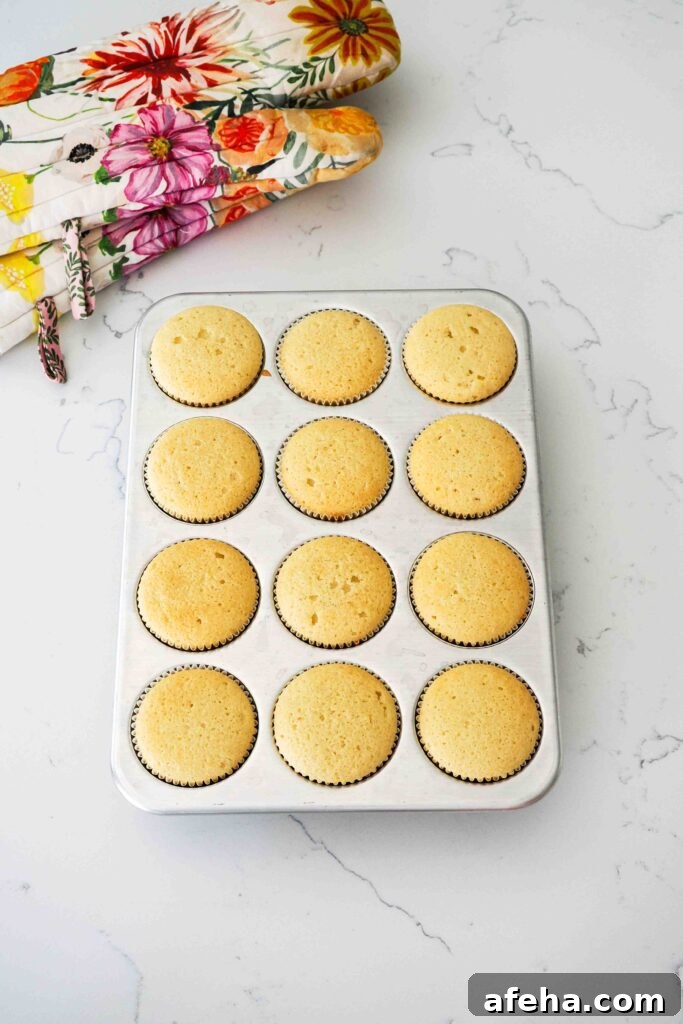 Fully baked vanilla bean cupcakes in a muffin pan.