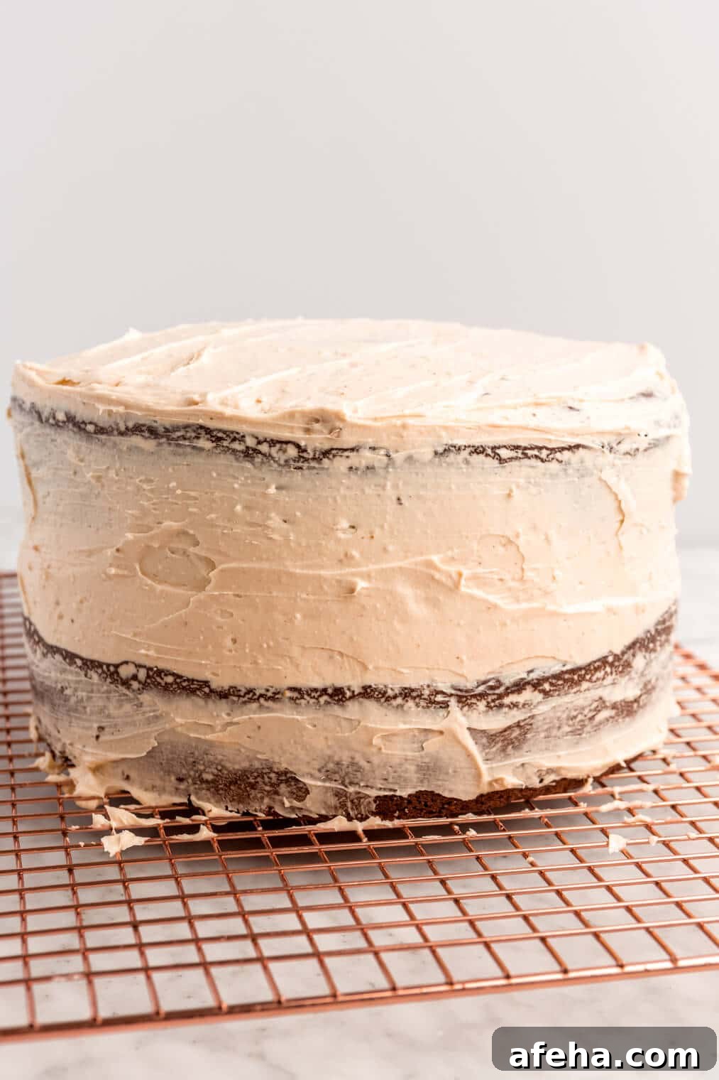 Double layer cake with a crumb coat of frosting.