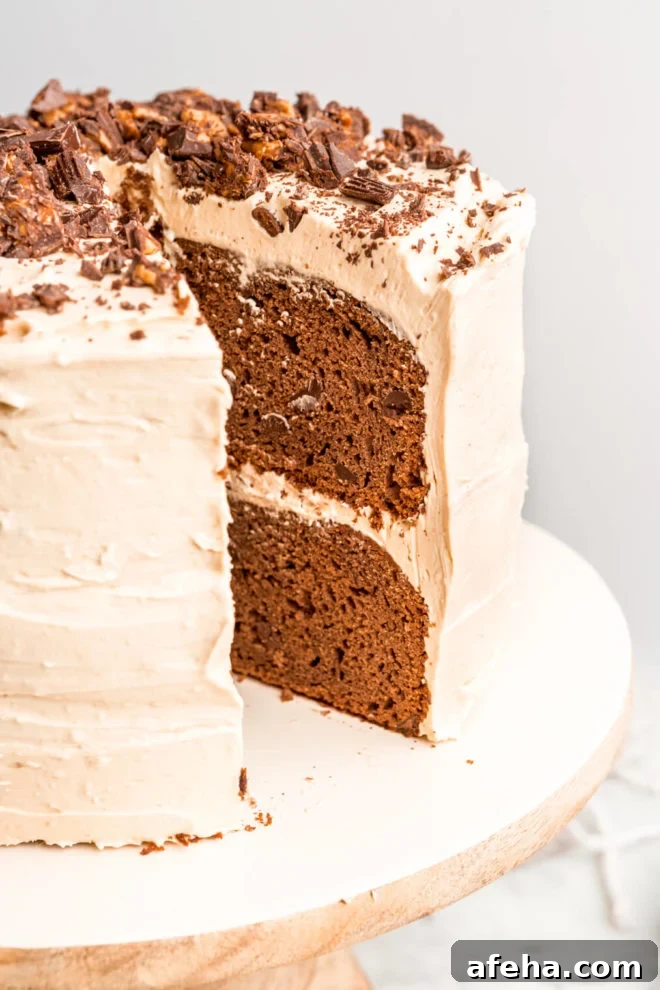 Double layer chocolate cake with peanut butter frosting and chopped peanut butter cups on top.