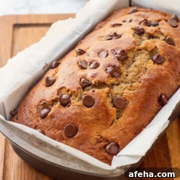 Baked sourdough banana bread in metal pan with chocolate chips on top.