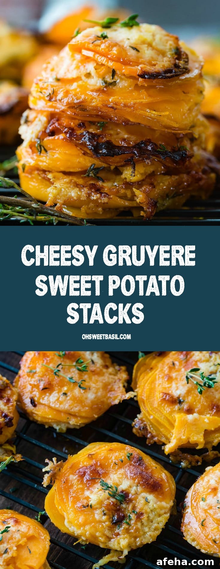 A photo of a stack of thinly sliced sweet potatoes layered with gruyere and parmesan cheese and topped with fresh thyme.