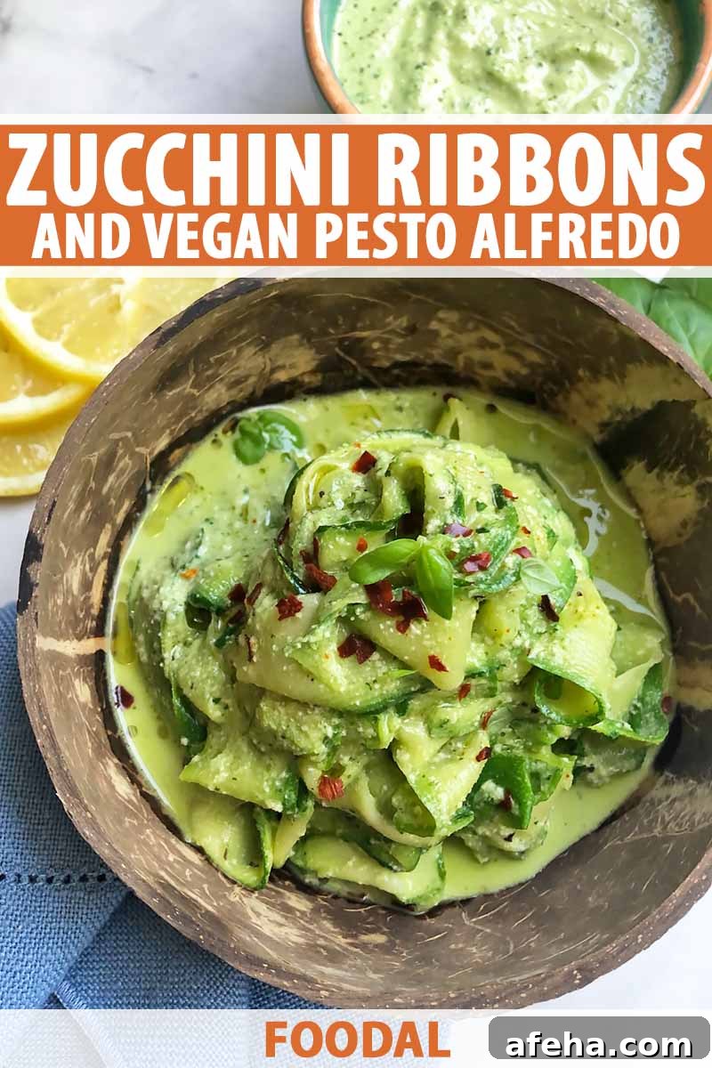 Vertical top-down image of a wooden bowl filled with a green sauce and thinly sliced vegetables, with text on the top and bottom of the image.