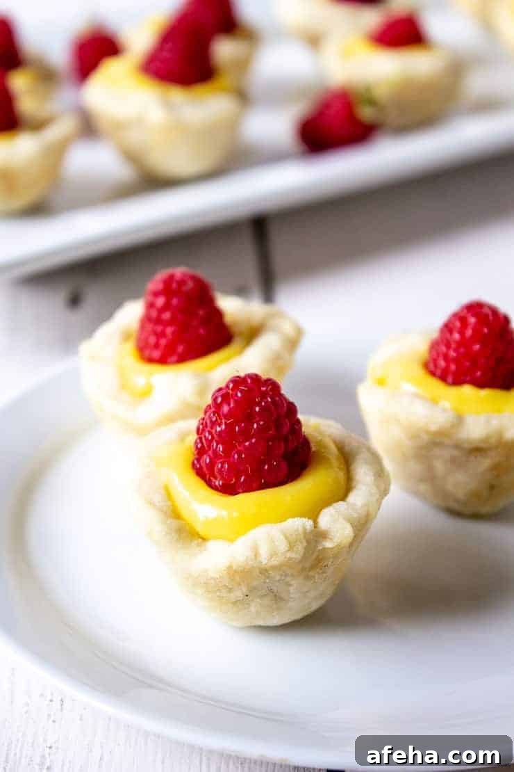 Mini pie crusts filled with lemon curd and topped with fresh raspberries.