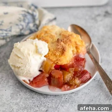 Rhubarb Cobbler with vanilla ice cream on a plate with a spoon.