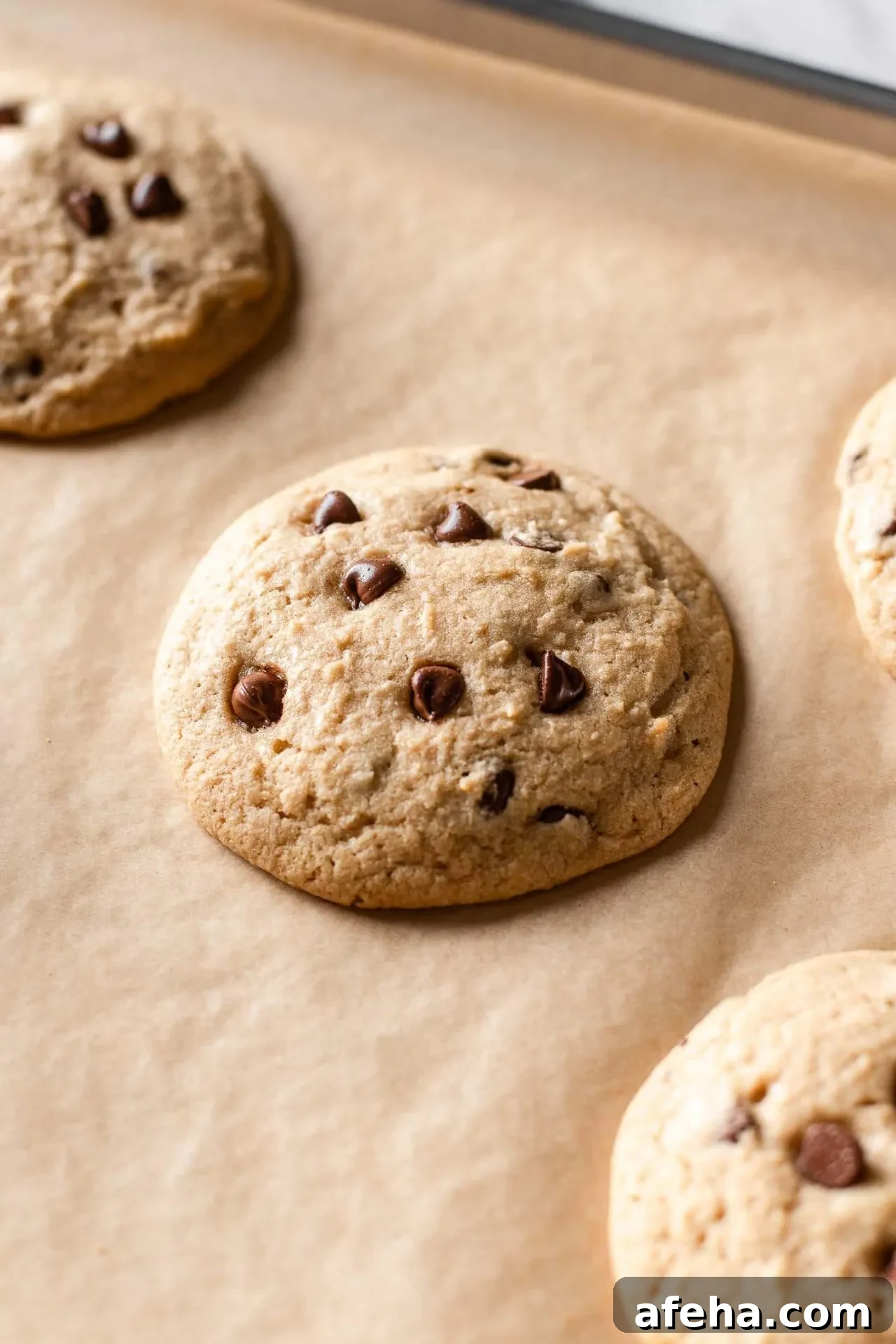 eggless chocolate chip cookies on parchment lined baking sheet
