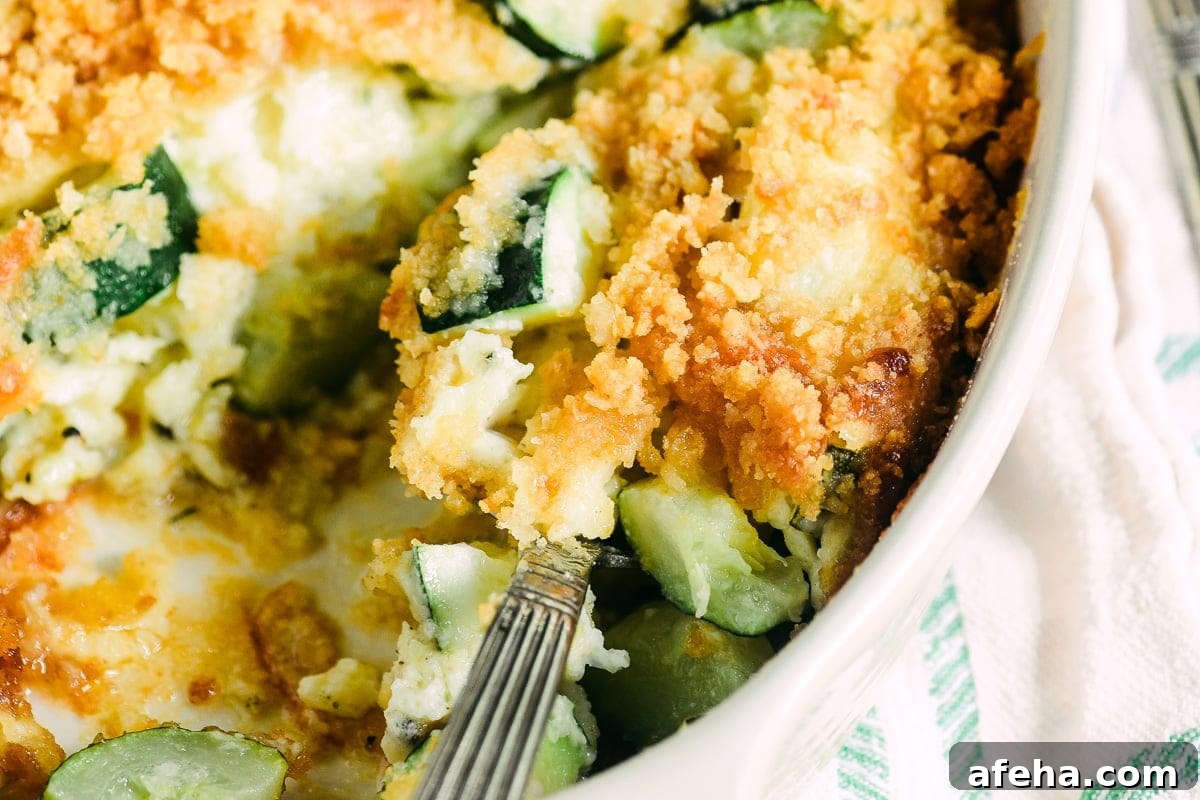 Cheesy zucchini casserole fresh from the oven.