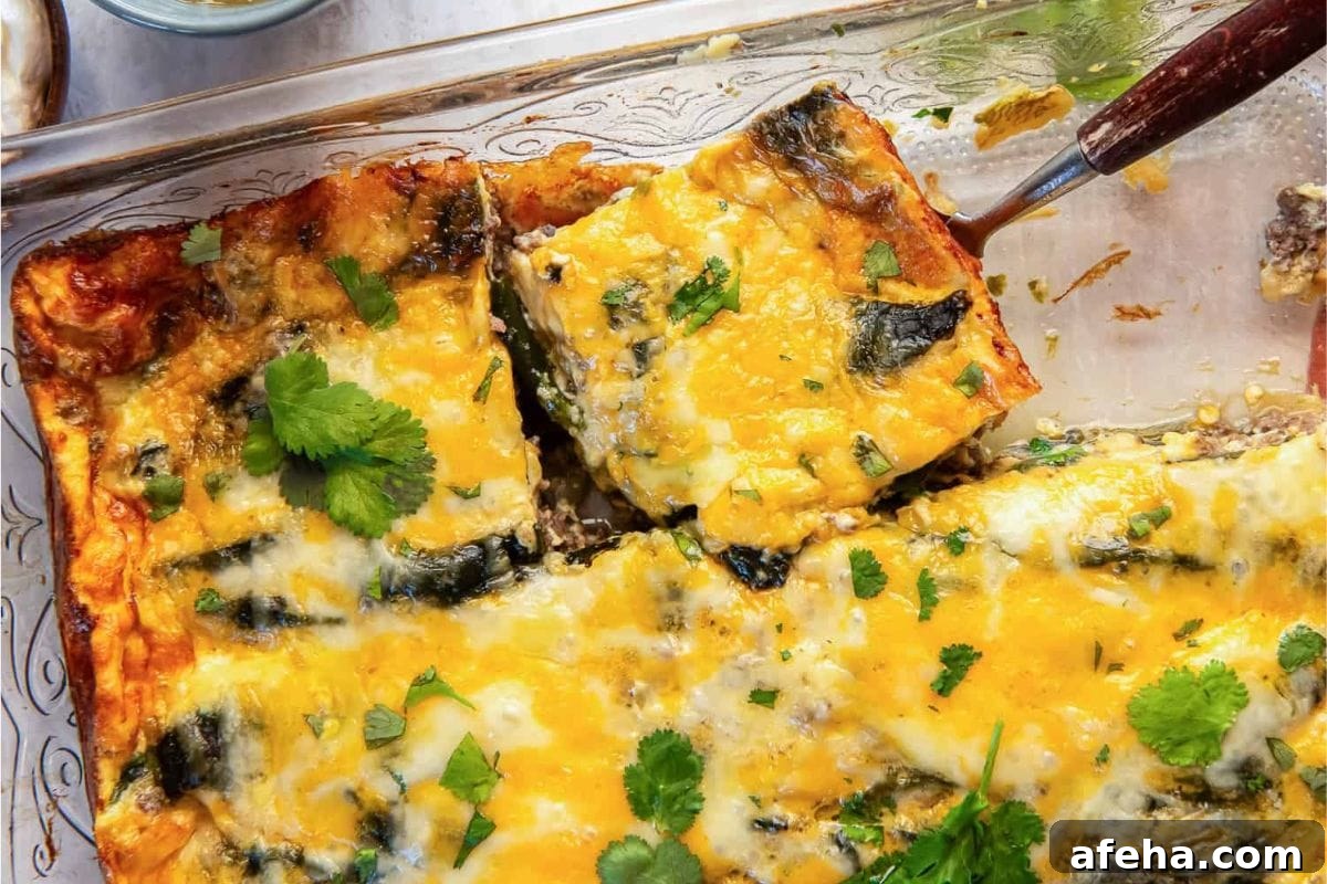 Chile relleno casserole with a golden crust and fresh cilantro.