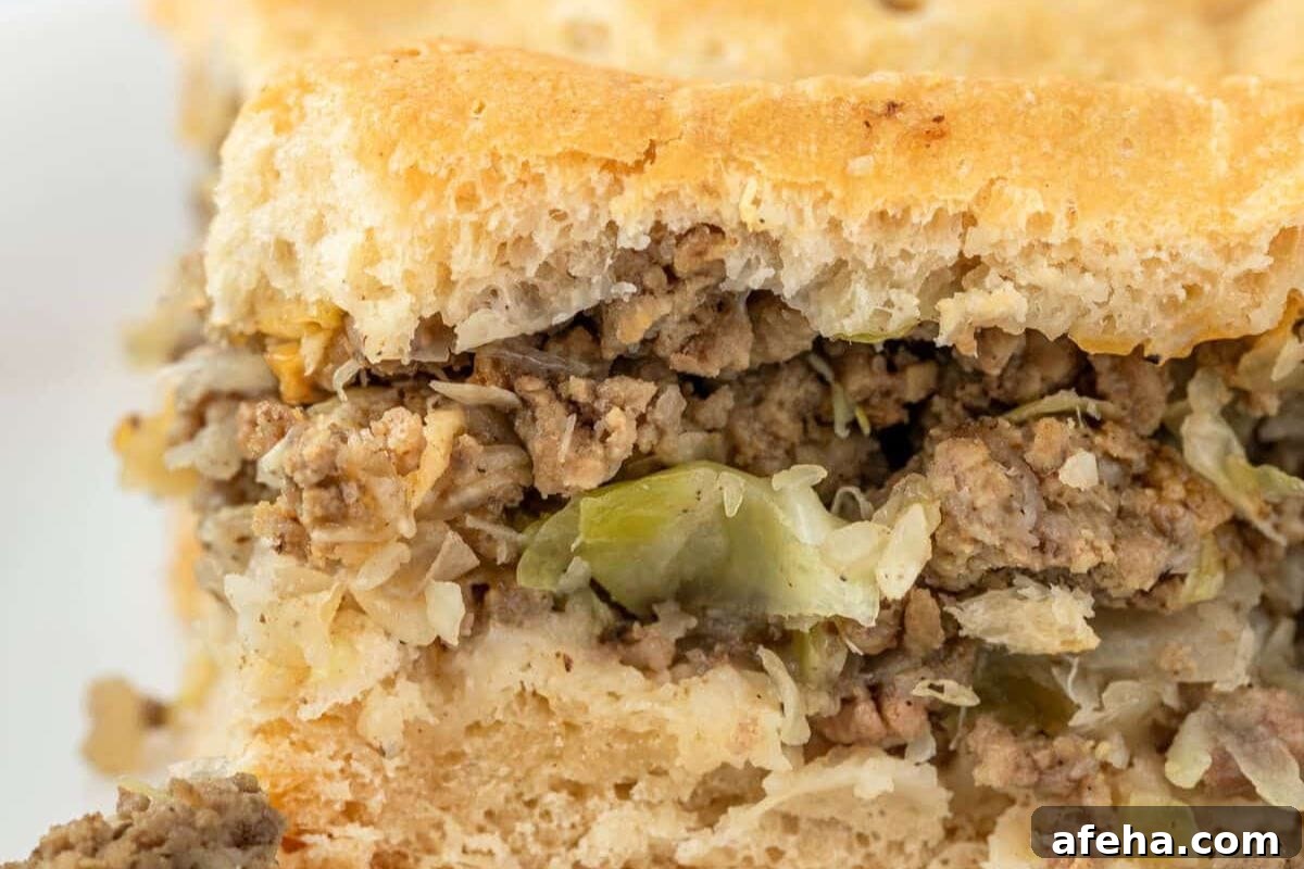 Bierock casserole with beef and cabbage layers.