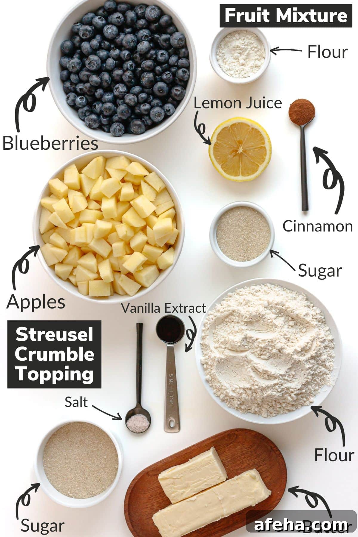 Labelled photo of ingredients needed to make blueberry apple crumble.