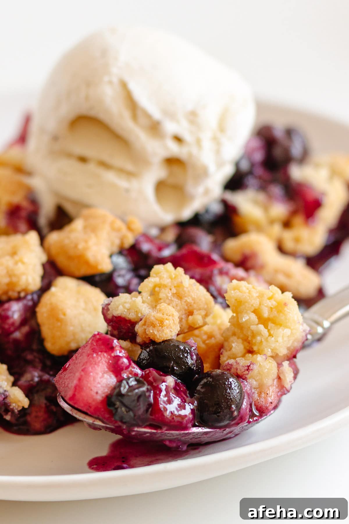 Spoonful of blueberry apple crumble dessert.