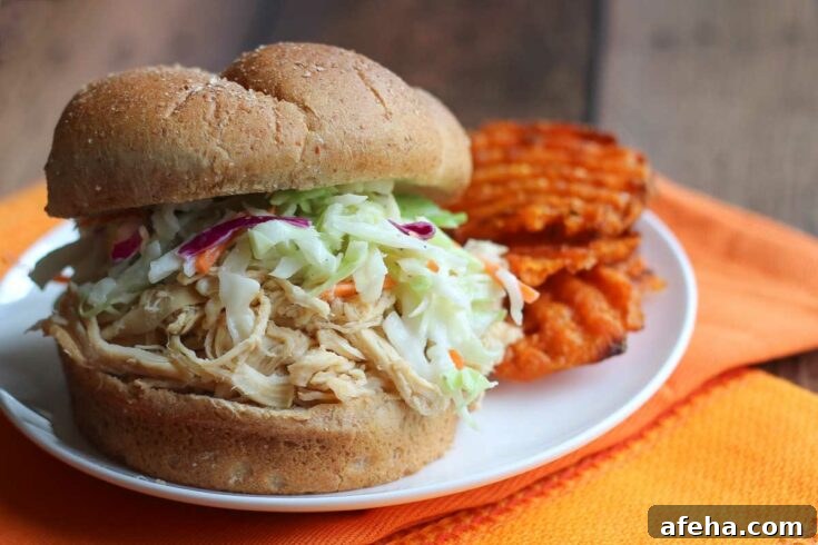 BBQ chicken sandwich topped with coleslaw and fries alongside.
