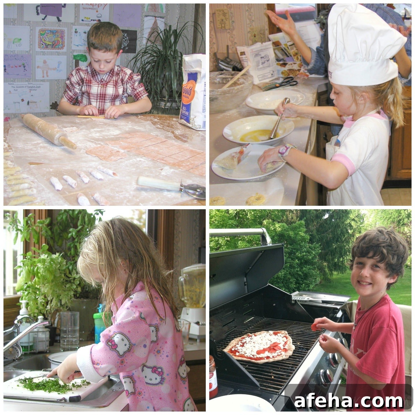 Collage of 4 photos showing a boy and a girl cooking different things.