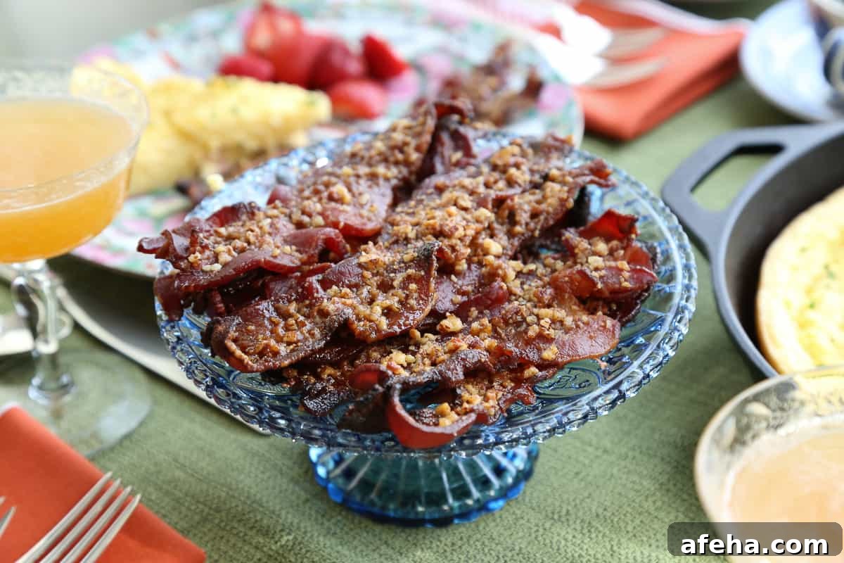 Praline-Crusted Candied Bacon — Sweet & Crunchy Bacon Recipe 2 blue glass pedestal platter with praline candied bacon on top.