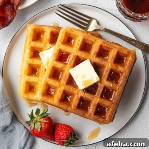 two yeasted belgian waffles on a plate with a pat of butter and maple syrup.