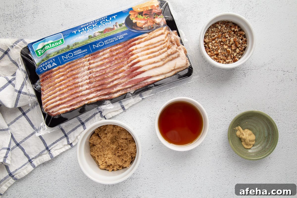 Praline-Crusted Candied Bacon — Sweet & Crunchy Bacon Recipe 4 bacon, brown sugar, maple syrup, dijon, and pecans on a white table.