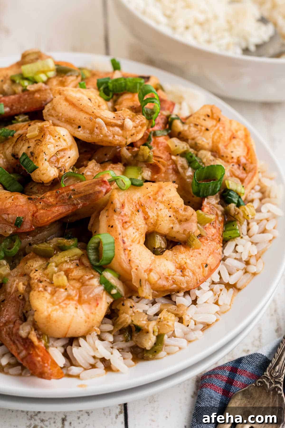 Close up of a plate of shrimp etouffee over rice.