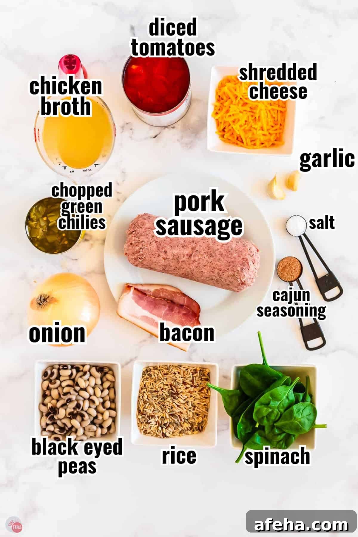 ingredients for a casserole in individual bowls with text overlay labeling them