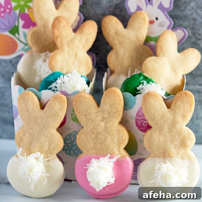 Shortbread Easter Bunny Cookies with Fluffy Tails On a Countertop