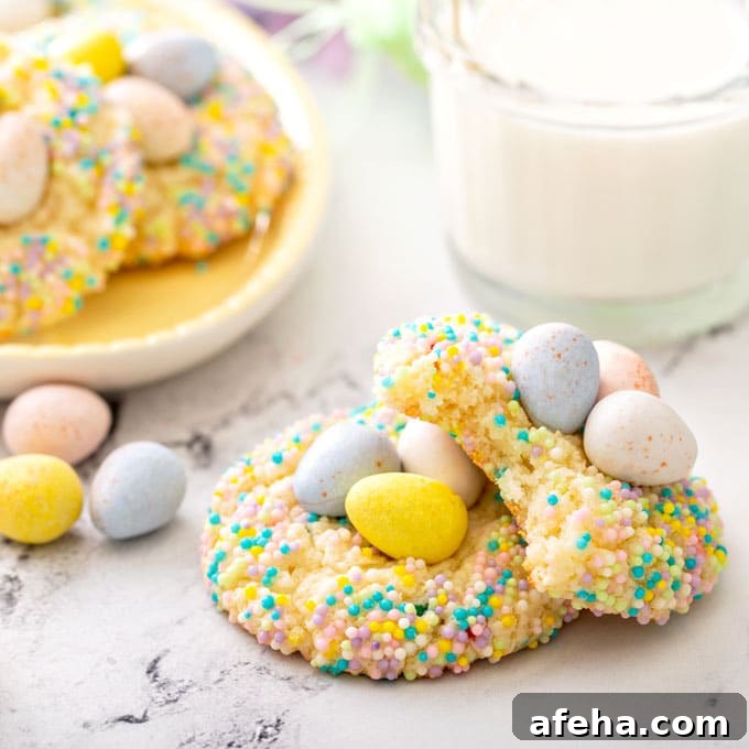 two Bird's Nest Funfetti cookies, one is bitten so it shows the textures
