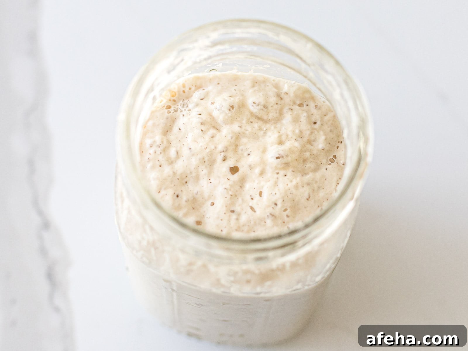 top view of an active sourdough starter in a glass jar after feeding