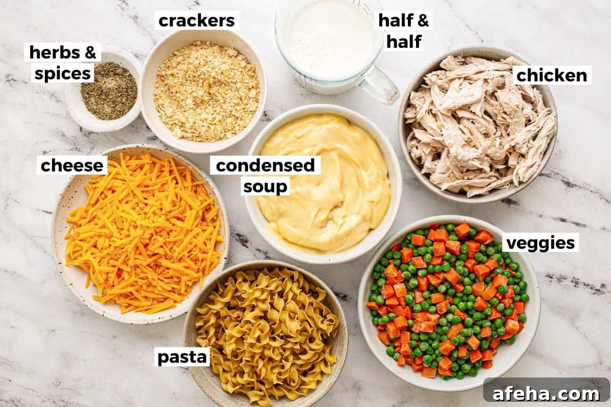 Comforting Chicken Noodle Soup Casserole Recipe 3 Bowls of ingredients for chicken noodle casserole.