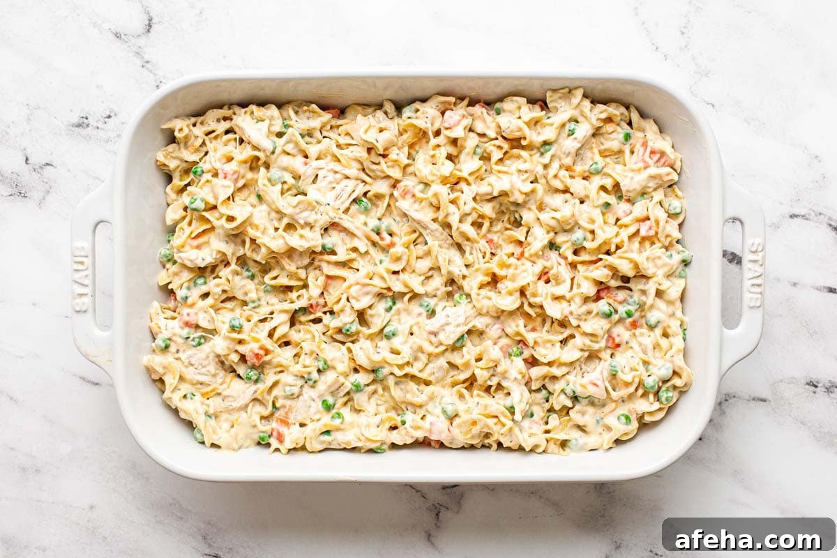 Comforting Chicken Noodle Soup Casserole Recipe 6 Creamy chicken noodle casserole in a large baking dish.