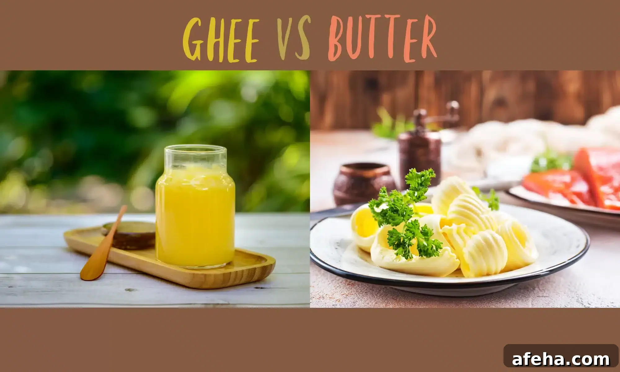 A tray with a jar of ghee and a wooden spatula on a green background. A plate with butter curls and parsley stalks on top set on a blurred backdrop.