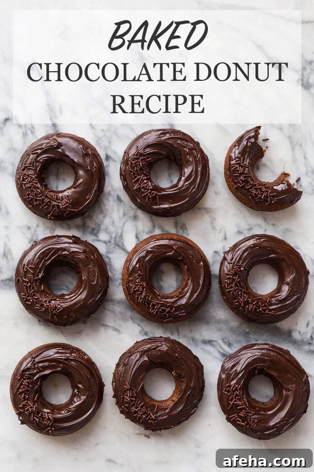 nine double chocolate donuts that are chocolate cake donuts topped with chocolate ganache glaze and chocolate sprinkles