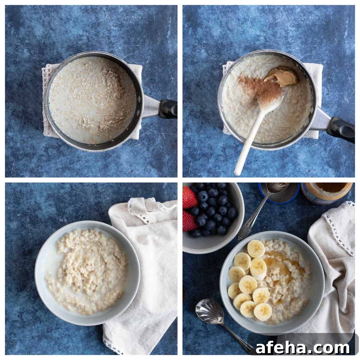 Step by step photo instructions for making peanut butter oatmeal.