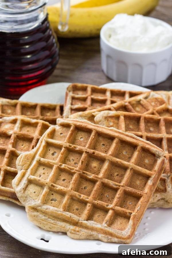 A plate of banana bread waffles ready to serve. 