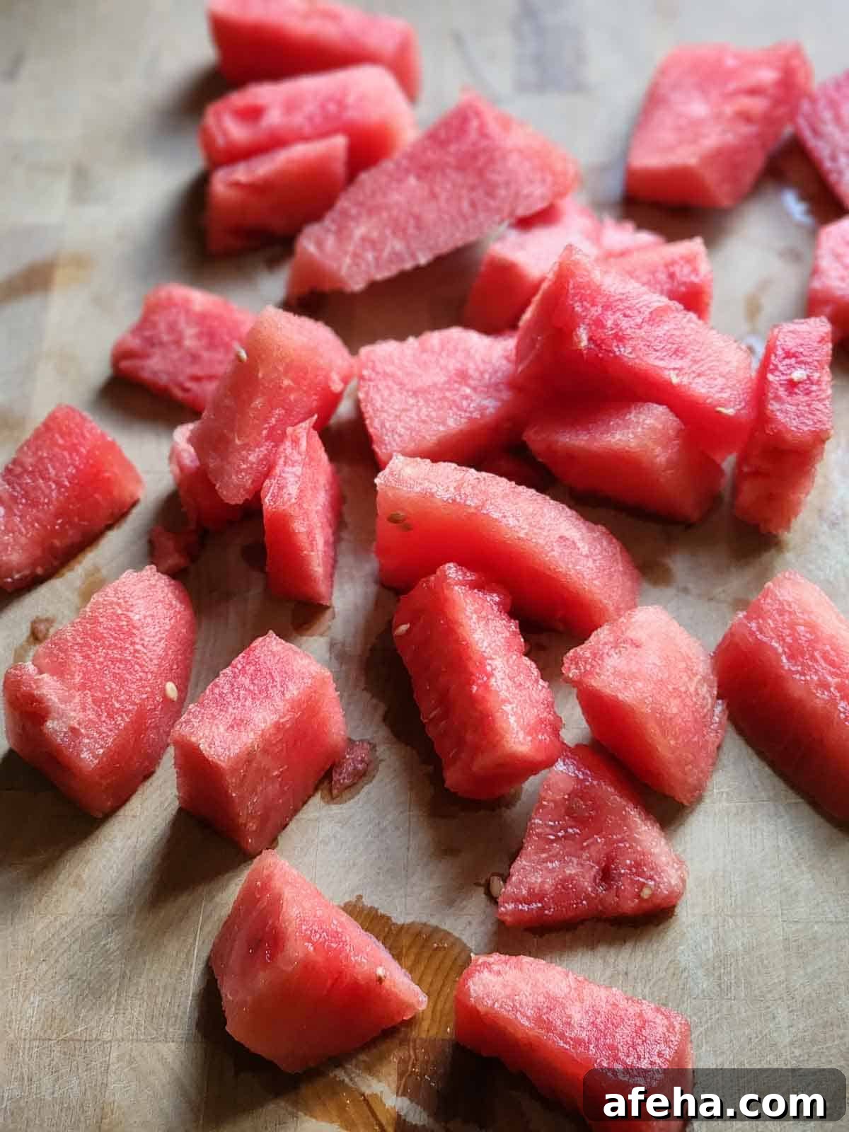 Chopped watermelon cubes on a cutting board.