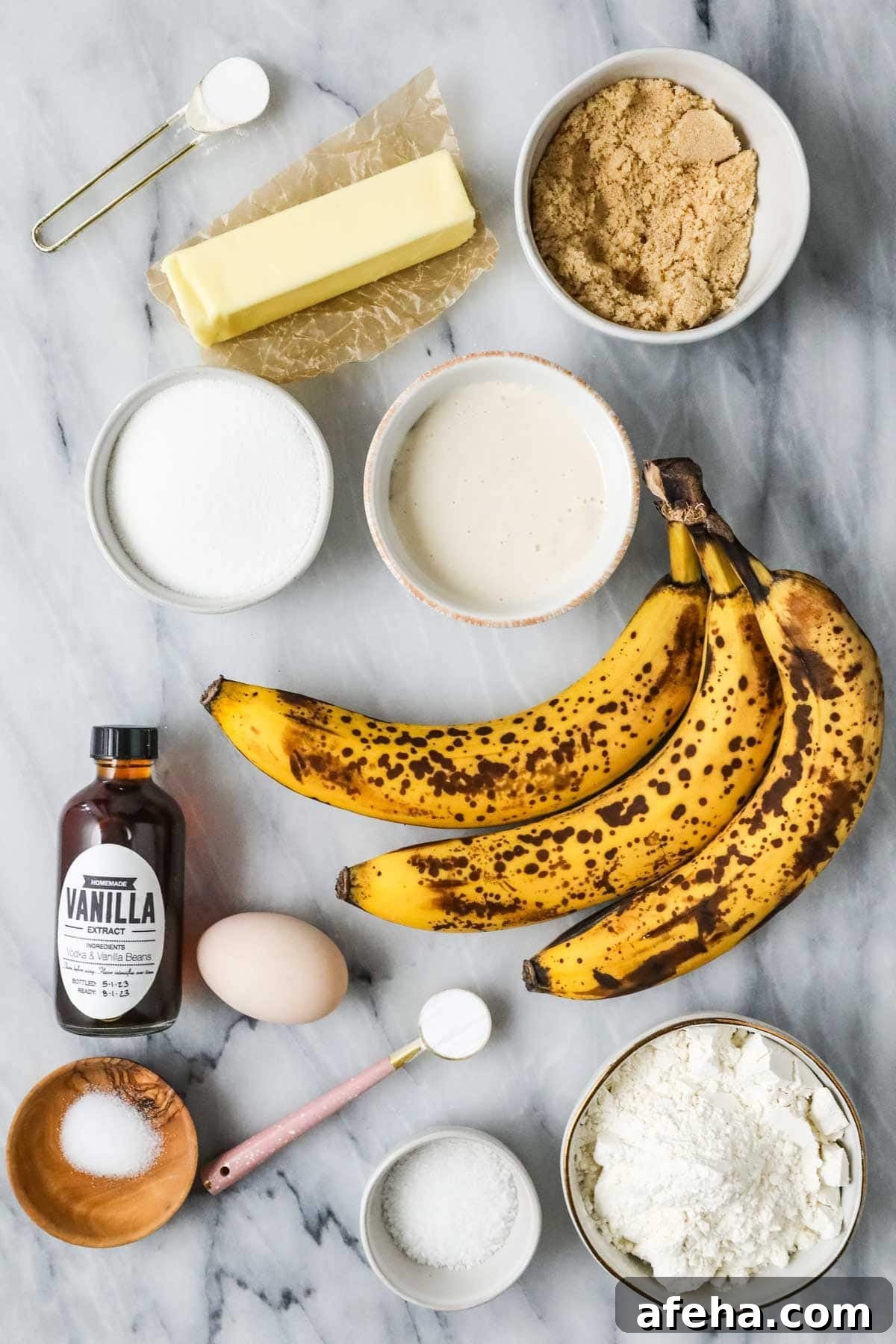 Overhead view of ingredients including bananas, brown sugar, sourdough discard, and more.