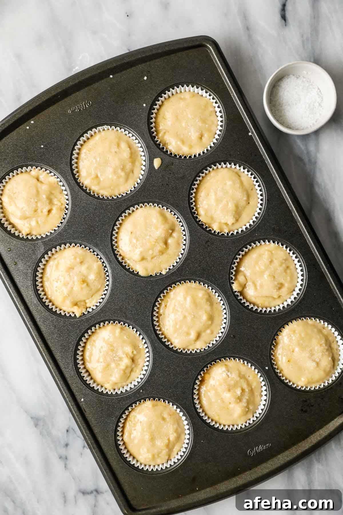 Overhead view of a pan of sourdough muffins before baking.