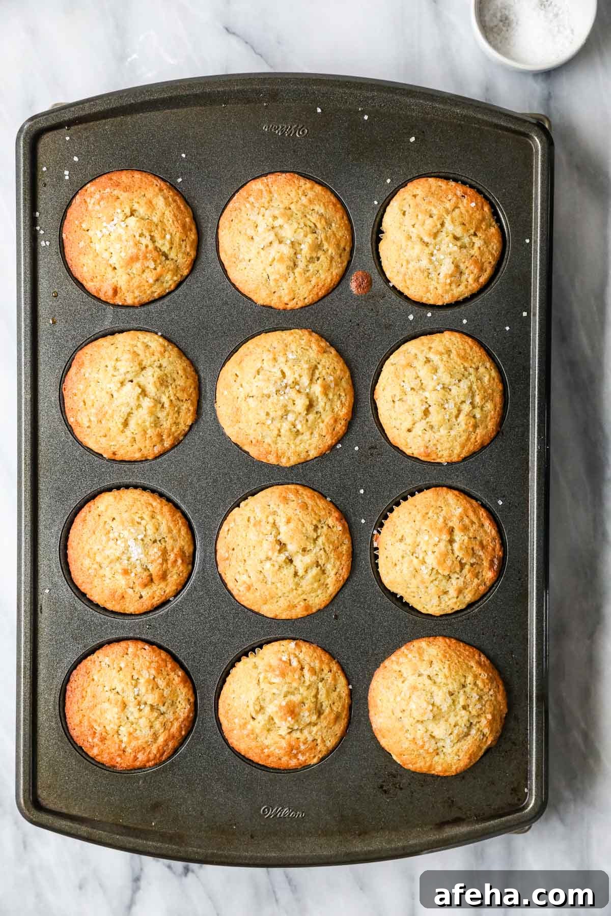 Overhead view of a pan of sourdough muffins after baking.