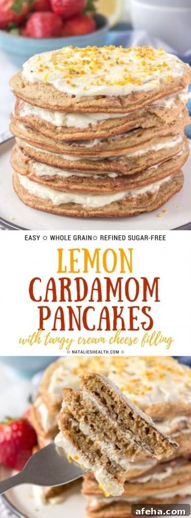 Whole grain healthy Lemon Cardamom Pancakes with cream cheese filling are perfect family breakfast. These pancakes are light and fluffy, packed with delightfully zesty lemon flavor and many nutrients. Quick, easy and amazing! All natural and refined sugar-free. 