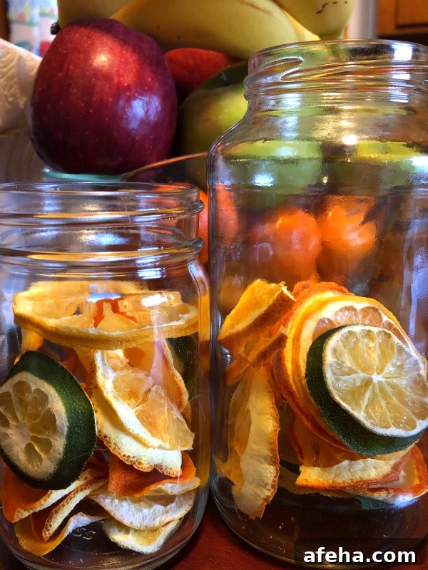 Two glass jars with slices of dehydrated citrus