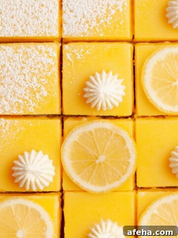 gluten free lemon bars with a shortbread crust topped with powdered sugar, whipped cream and slices of lemons on parchment paper